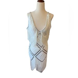 Beaded Sequin V-Neck flapper Mini Slip Dress stunning white and silver